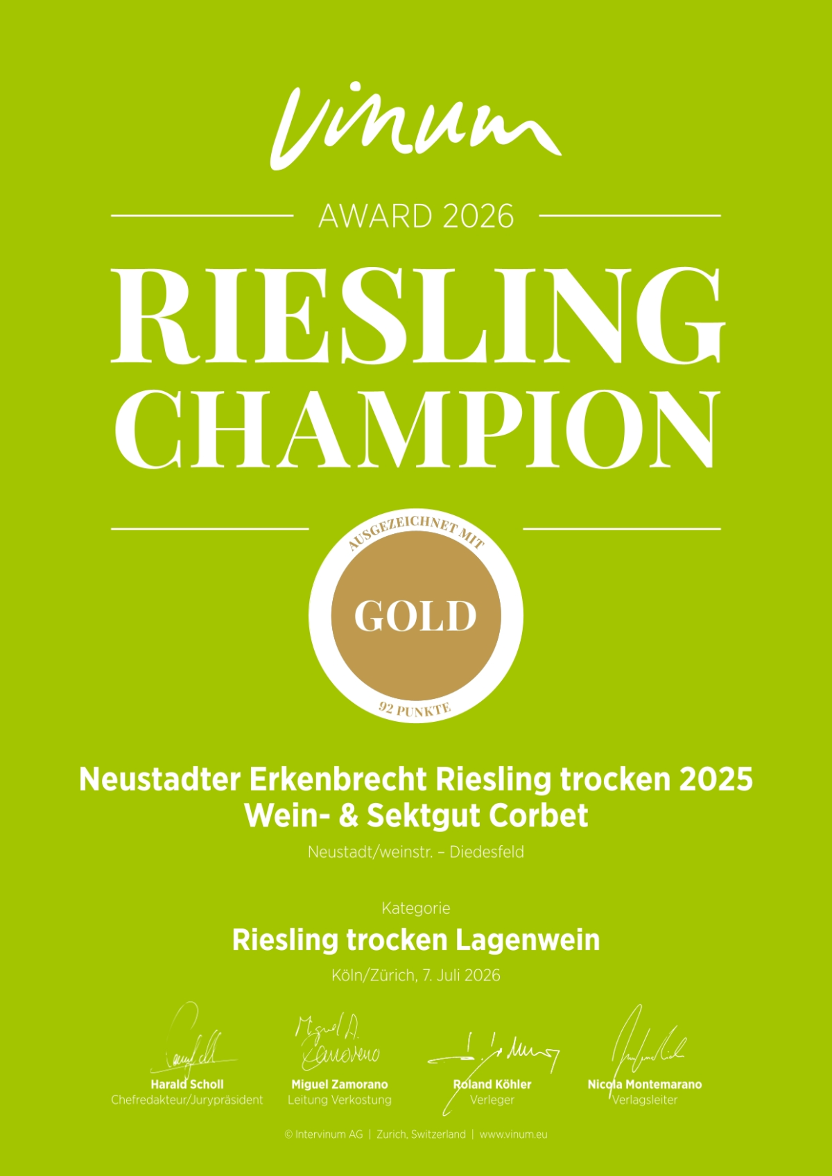 Bild GOLD für "Riesling Erkenbrecht 2025" | © Wein- & Sektgut Corbet
