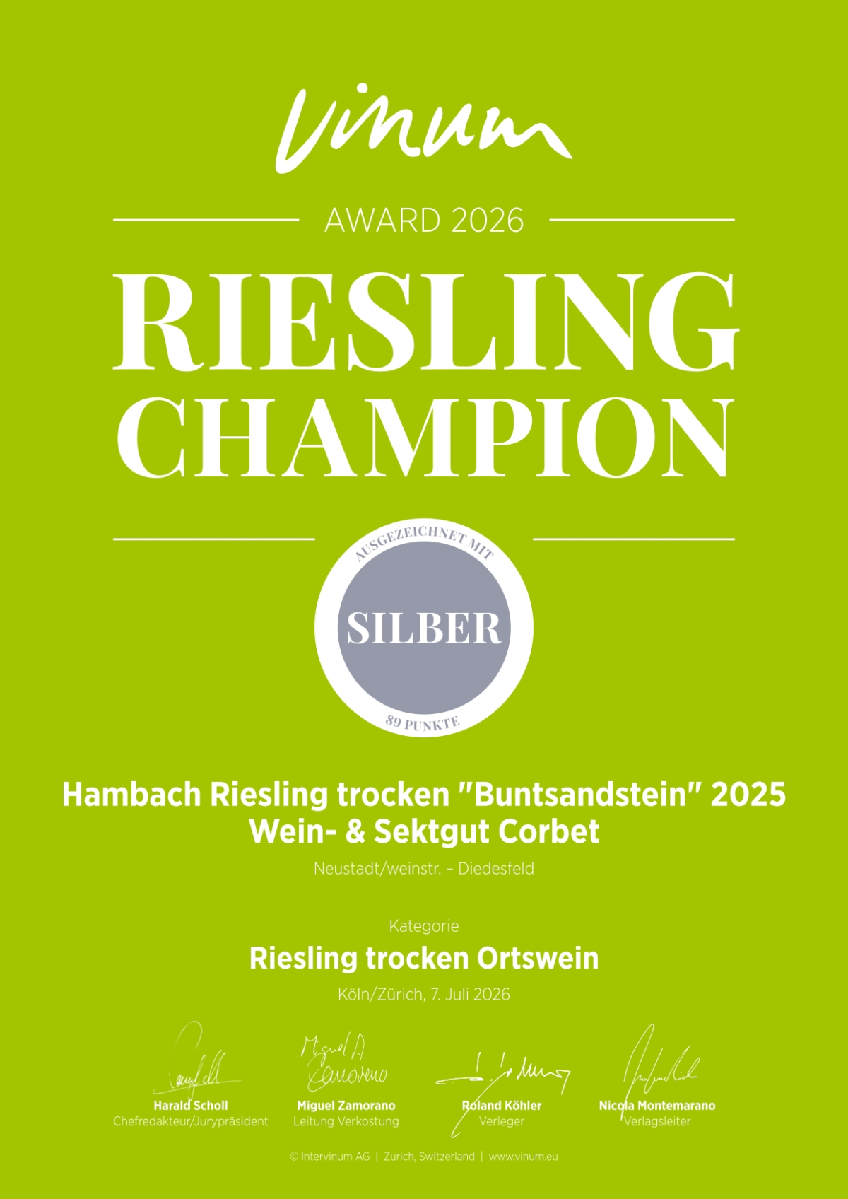 Bild SILBER für "Riesling Buntsandstein 2026" | © Wein- & Sektgut Corbet