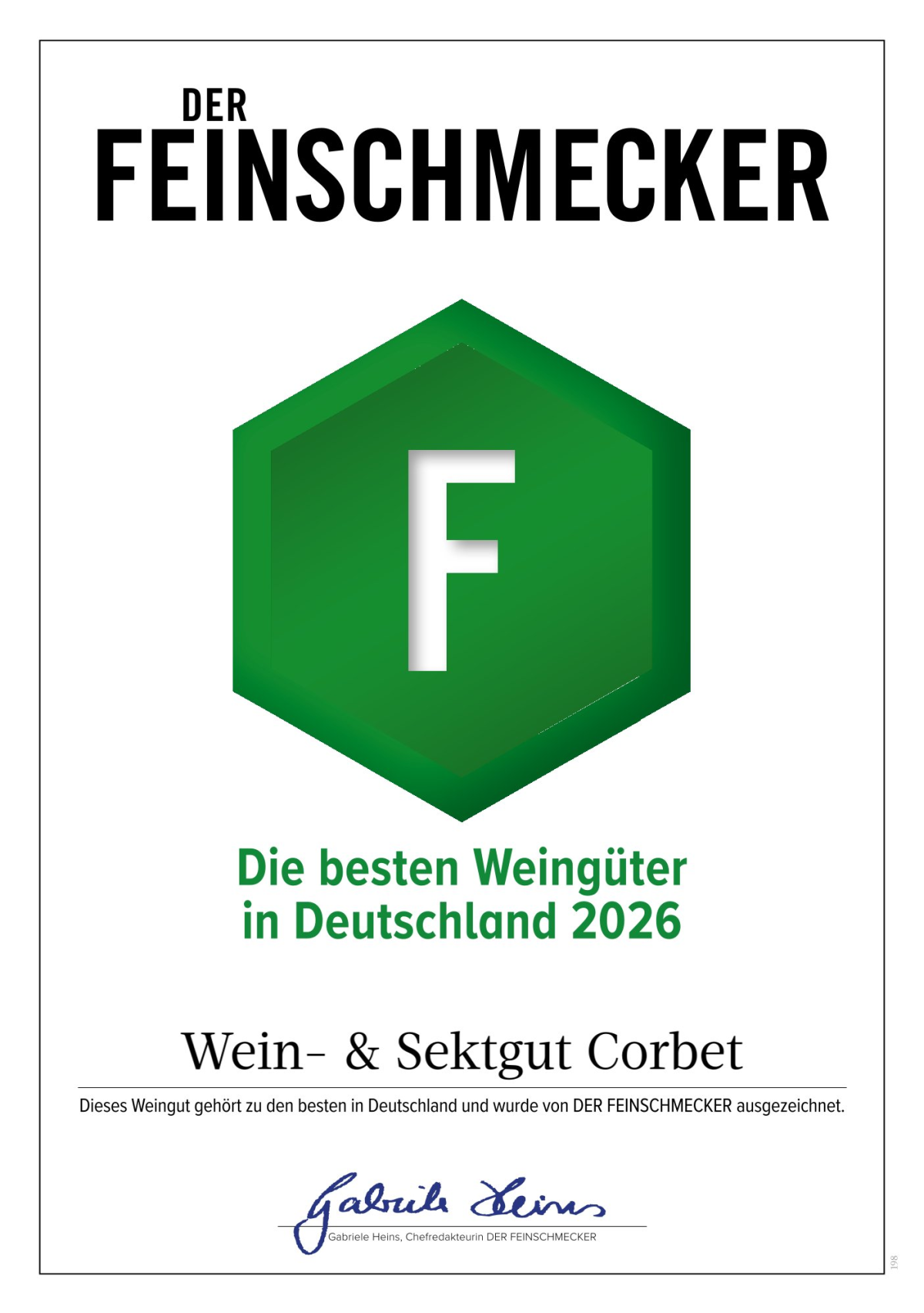 Bild Der Feinschmecker: "Die besten Weingüter Deutschlands 2026" | © Wein- & Sektgut Corbet