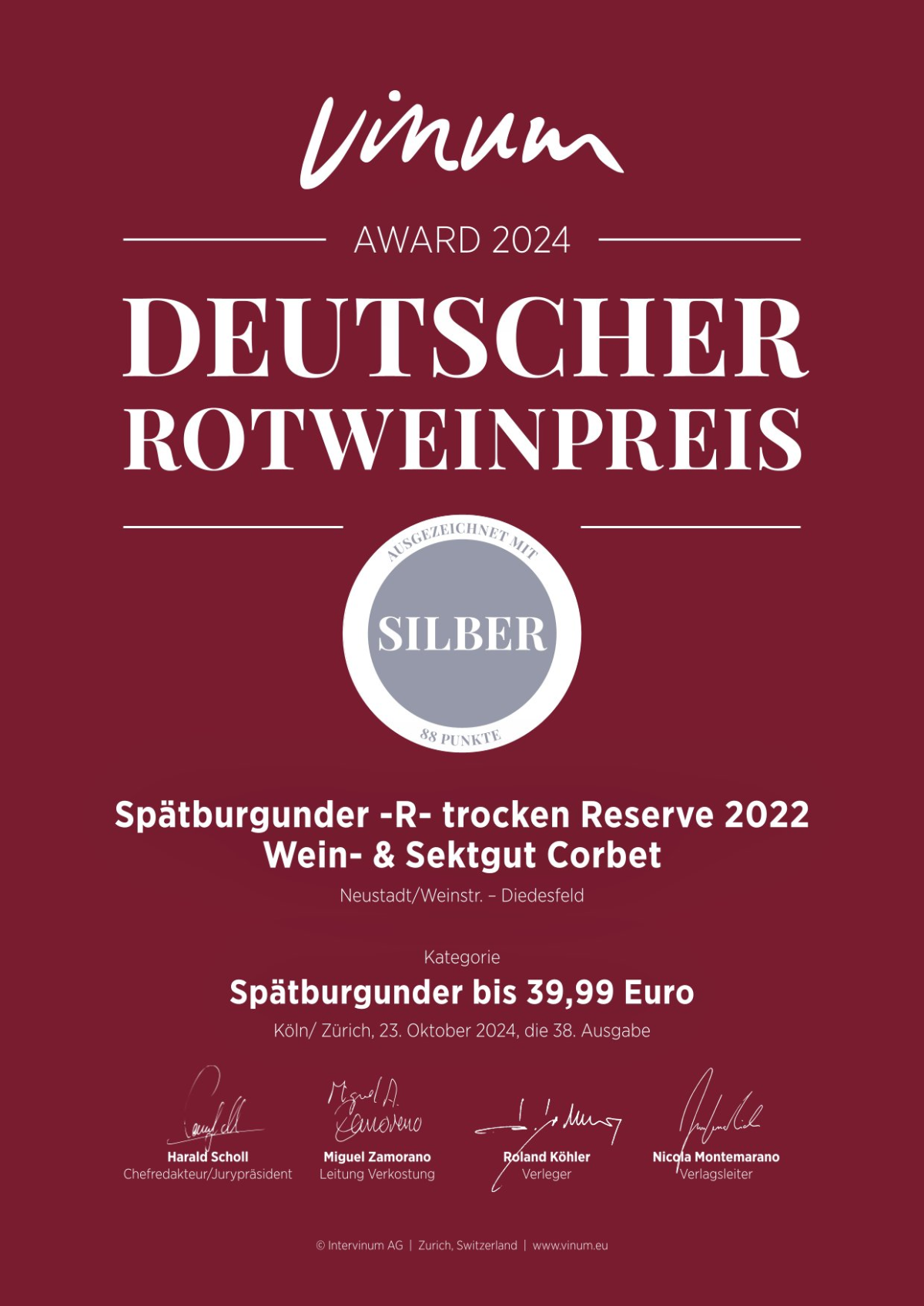 Bild SILBER für 2022 Spätburgunder -R- | © Wein- & Sektgut Corbet