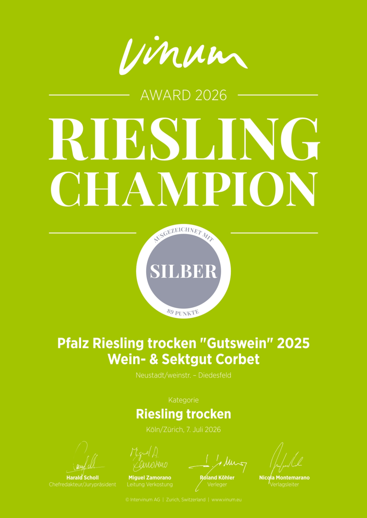 Bild SILBER für "Riesling Gutswein 2026" | © Wein- & Sektgut Corbet