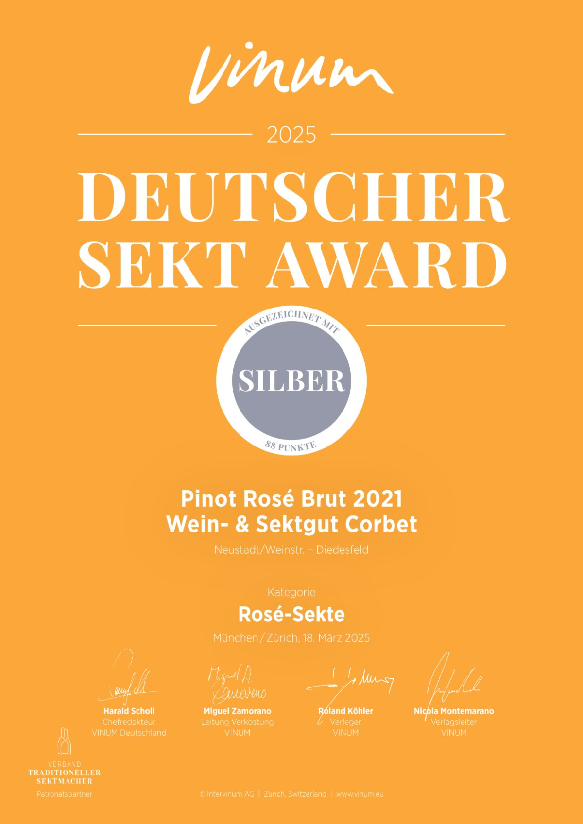 Bild SILBER für 2021 Pinot Rosé brut | © Wein- & Sektgut Corbet